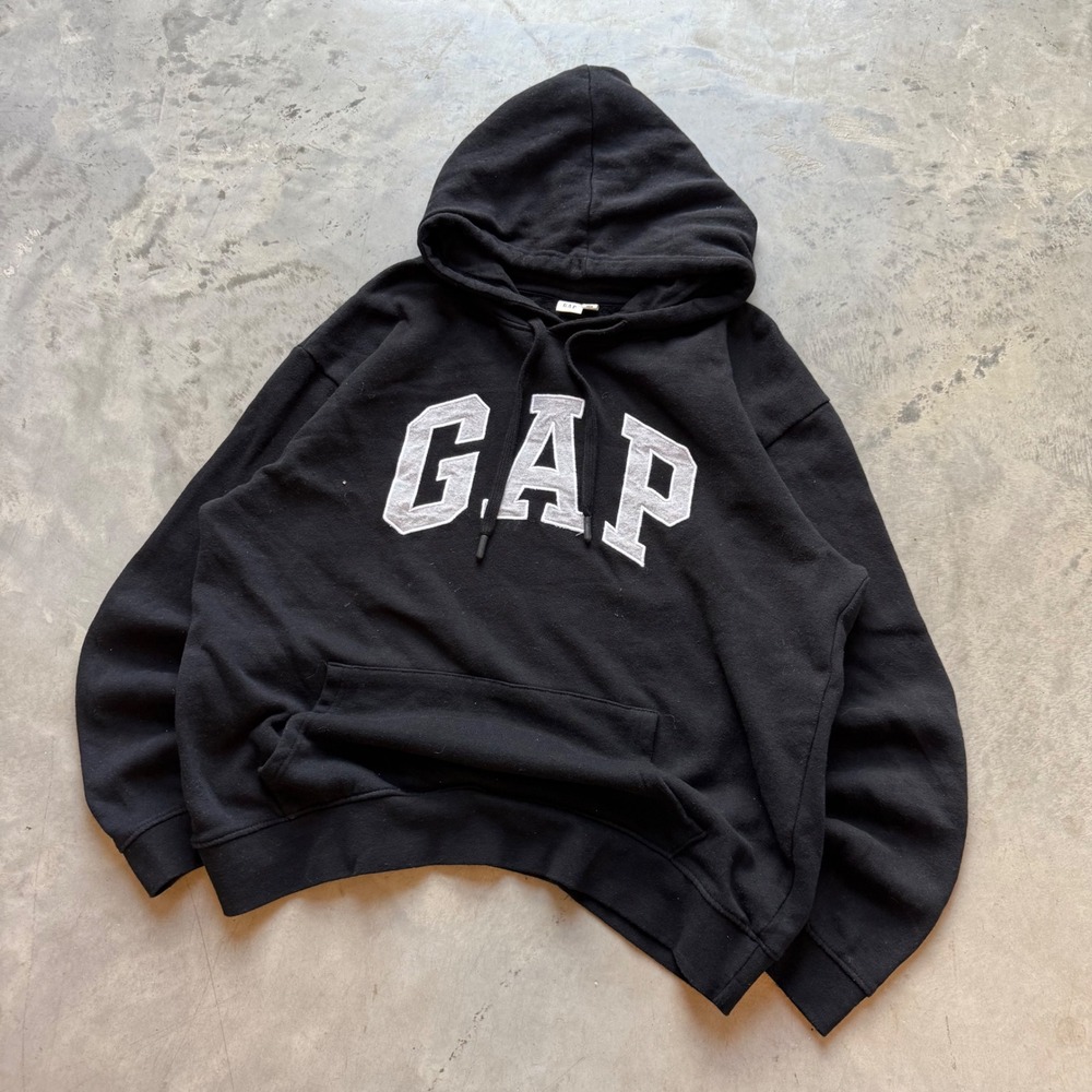 Gap Logo Hoodie Mens Large Black Pullover Fleece Sweatshirt Applique 946